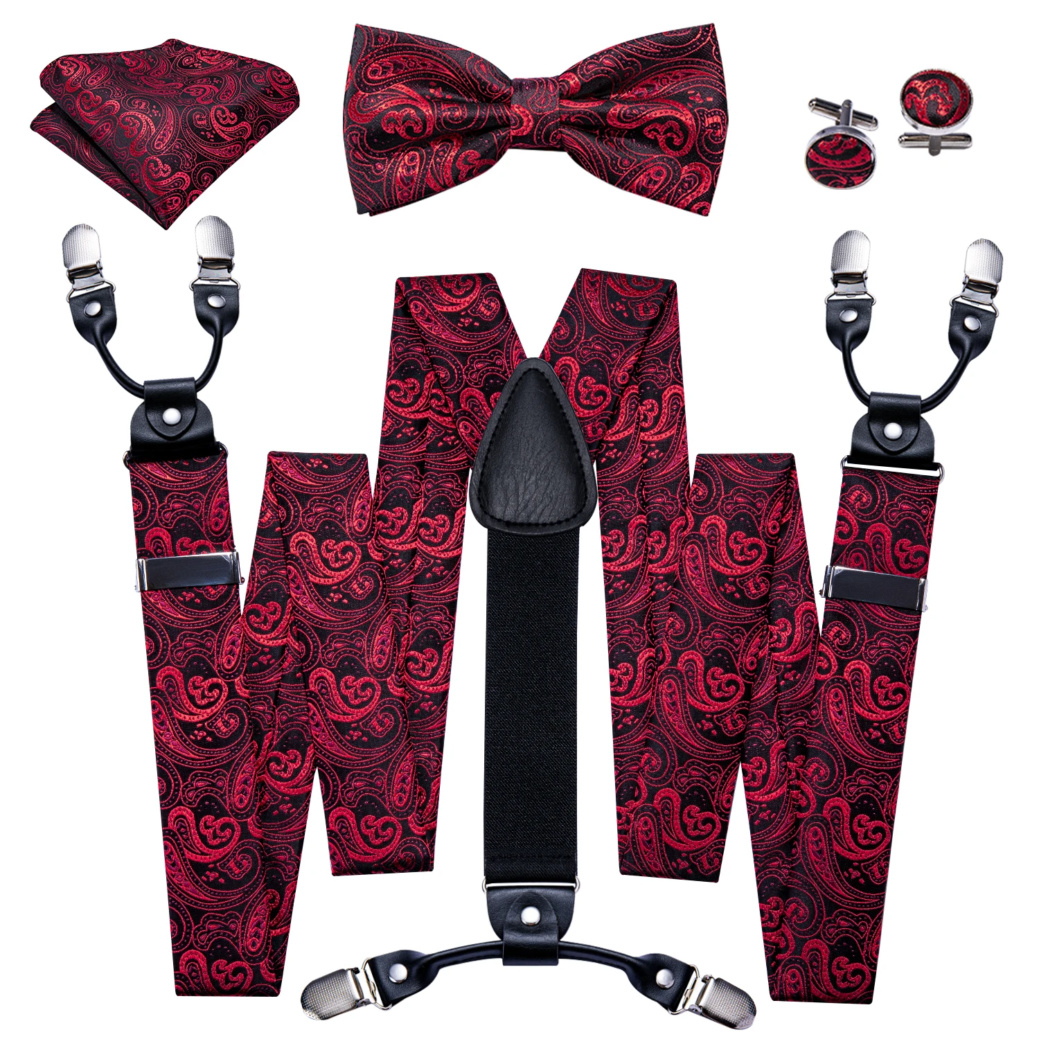 Blue Burgundy Red Mint Green Purple Ivory Mens Suspender Adjustable 6 Clips Braces Bowtie Hanky Cufflinks Set Barry.Wang