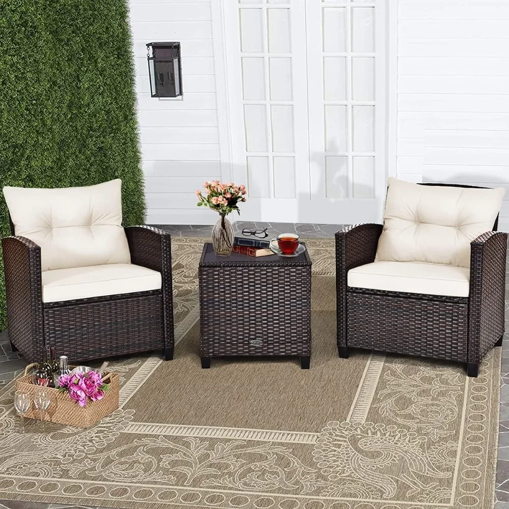 3-piece Terrace Conversation Set, Outdoor Furniture Set, PE Rattan Sofa Set with Detachable Cushion