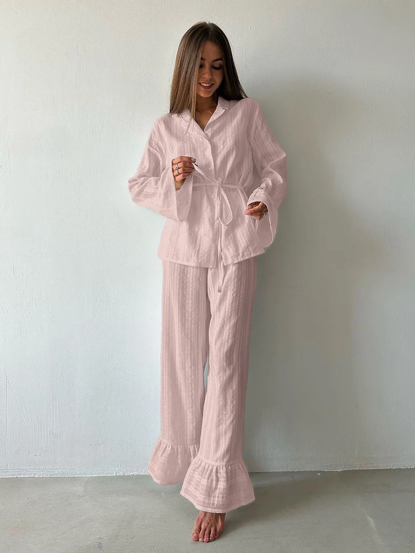 Marthaqiqiq Casual Women Nightgown 2 Piece Suit Long Sleeve Nightwear Turn-Down Collar Sleepwear Pants Loose Home Clothes Ladies
