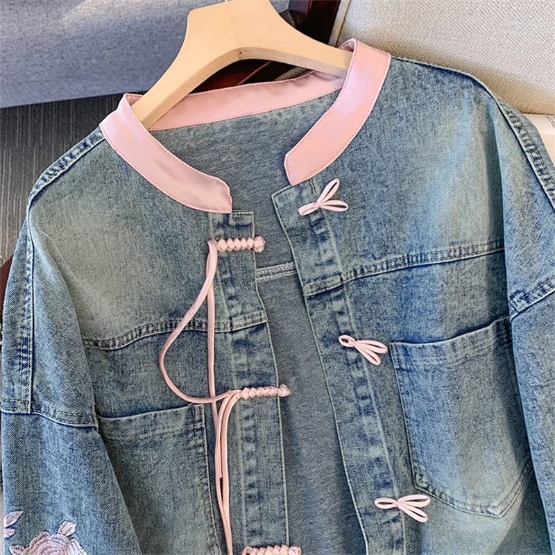 

Harajuku Vintage Washed Blue Denim Jacket Women Short Outerwear Korean Stand-Up Collar Single-Breasted Long Sleeve Jeans Jacket