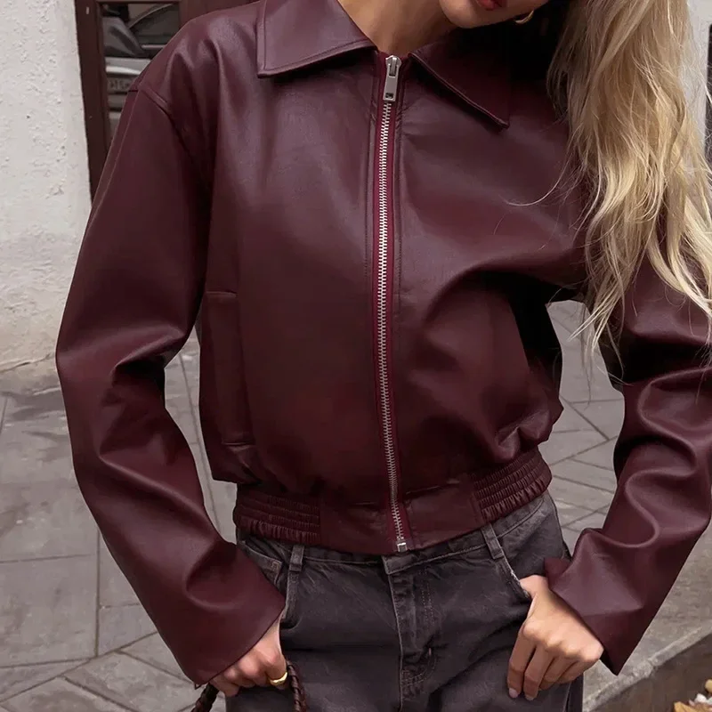 Women Angola Red PU Leather Zipper Jacket Coat Windbreaker WineRed Faux Leather Lapel Jacket Outerwear Motorcycle Y2K 90s Street