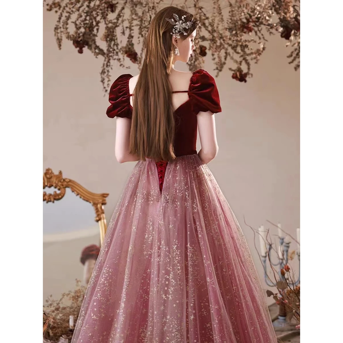 여성 튤 프롬 드레스 이브닝 가운 호스팅 기품 가을 겨울 벨벳 드레스 포멀 드레스 여성 우아한 파티 드레스