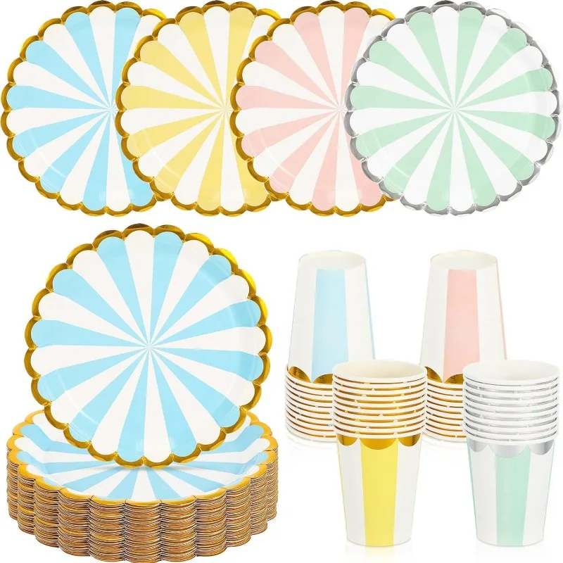

Gold Red Yelbow White Stripes Birthday Party Disposable Paper Plates New Year Lemon Xmas Party Disposable Picnic Plates Supplies