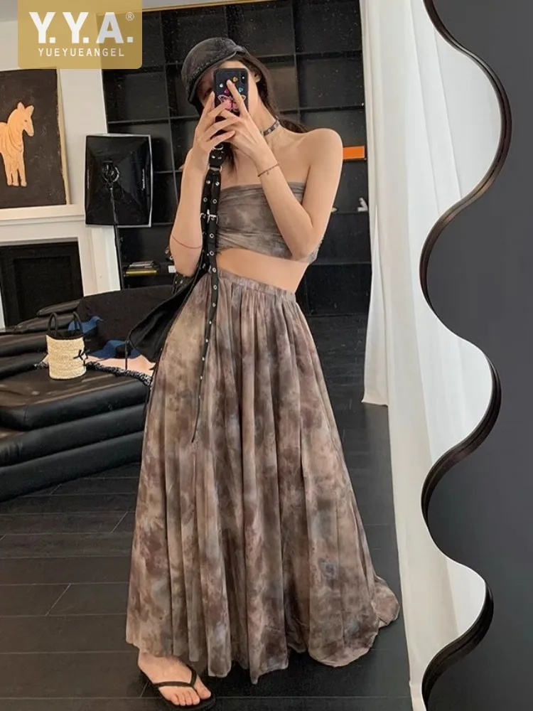 

High Street Sexy New Summer Women Designer Vintage Printed Strapless Tube Top High Waist Long Skirt Female Two Piece Set