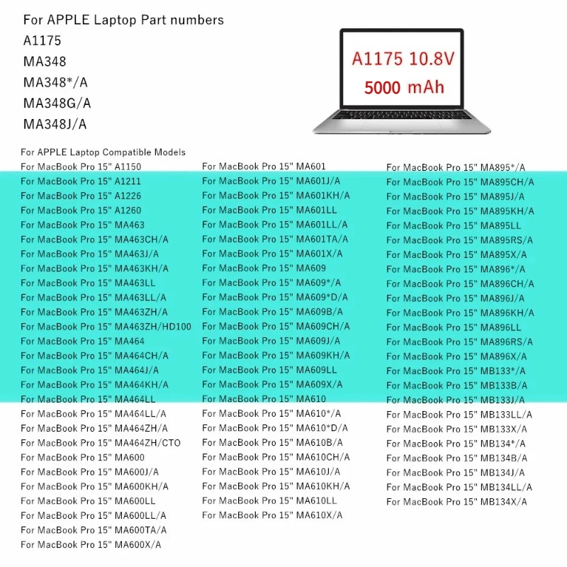 Batterie d'ordinateur portable A1175 pour Apple MacBook Pro 15 "A1150 A1211 A1226 A1260 MA463 MA464 MA600 MA601 MA609 MA610 MA348