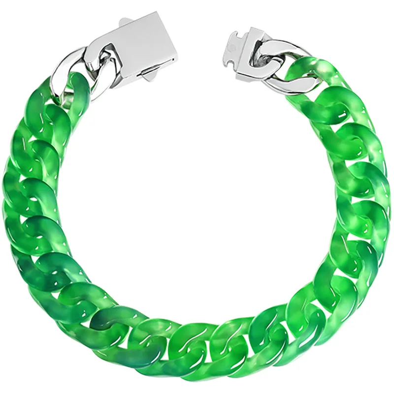 Chinese Style Lucky Good Fortune Blessing Icy Green Chalcedony Agate Cuban Chain Bracelet Titanium Steel Clasp Hip Hop Unisex