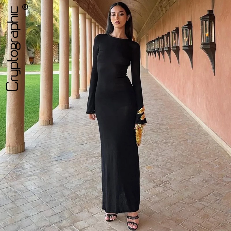 

Cryptographic Elegant Fashion Strapless Sheer Maxi Dress Women Birthday Party Outfits Sexy Backless Long Sleeve Black Dresses
