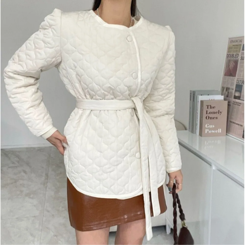 Retro Cotton Jaet Women's round Ne Simple Faion Single Button Belted Waist Cotton Clothes Autumn Winter Commute Sle