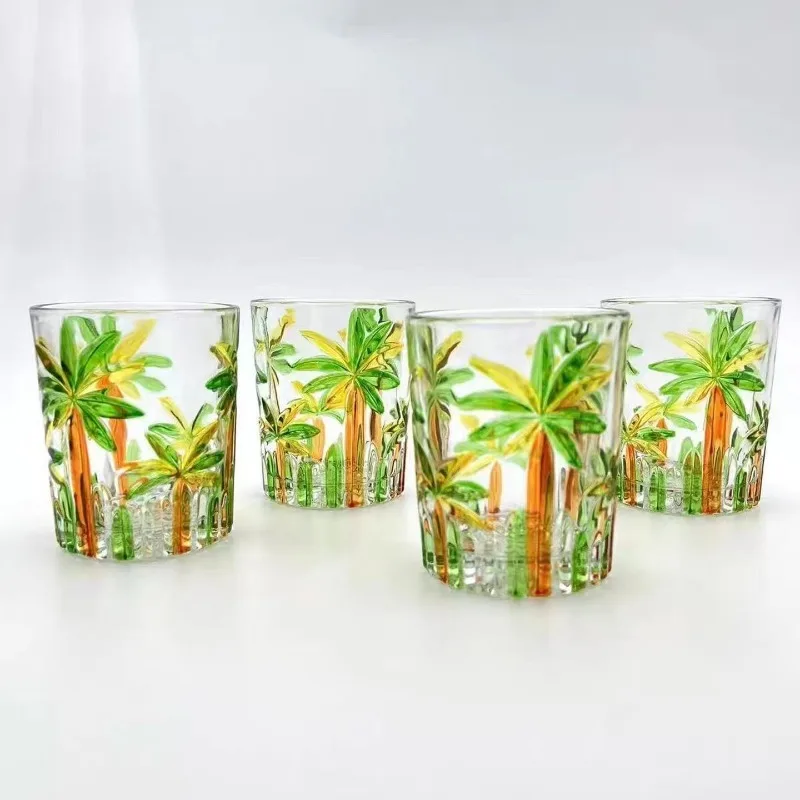 Vaso de vidrio con diseño de árbol de coco hawaiano, vaso de agua para el hogar, vaso retro para whisky, licor, cerveza, vaso pintado a mano, colorido.