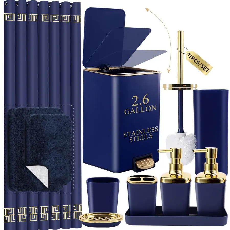 

Наборы с занавеской для душа и ковриками Набор аксессуаров для ванной комнаты Темно-синий набор для ванной комнаты, дозатор мыла усилитель Держатель для туалетной щетки Набор с