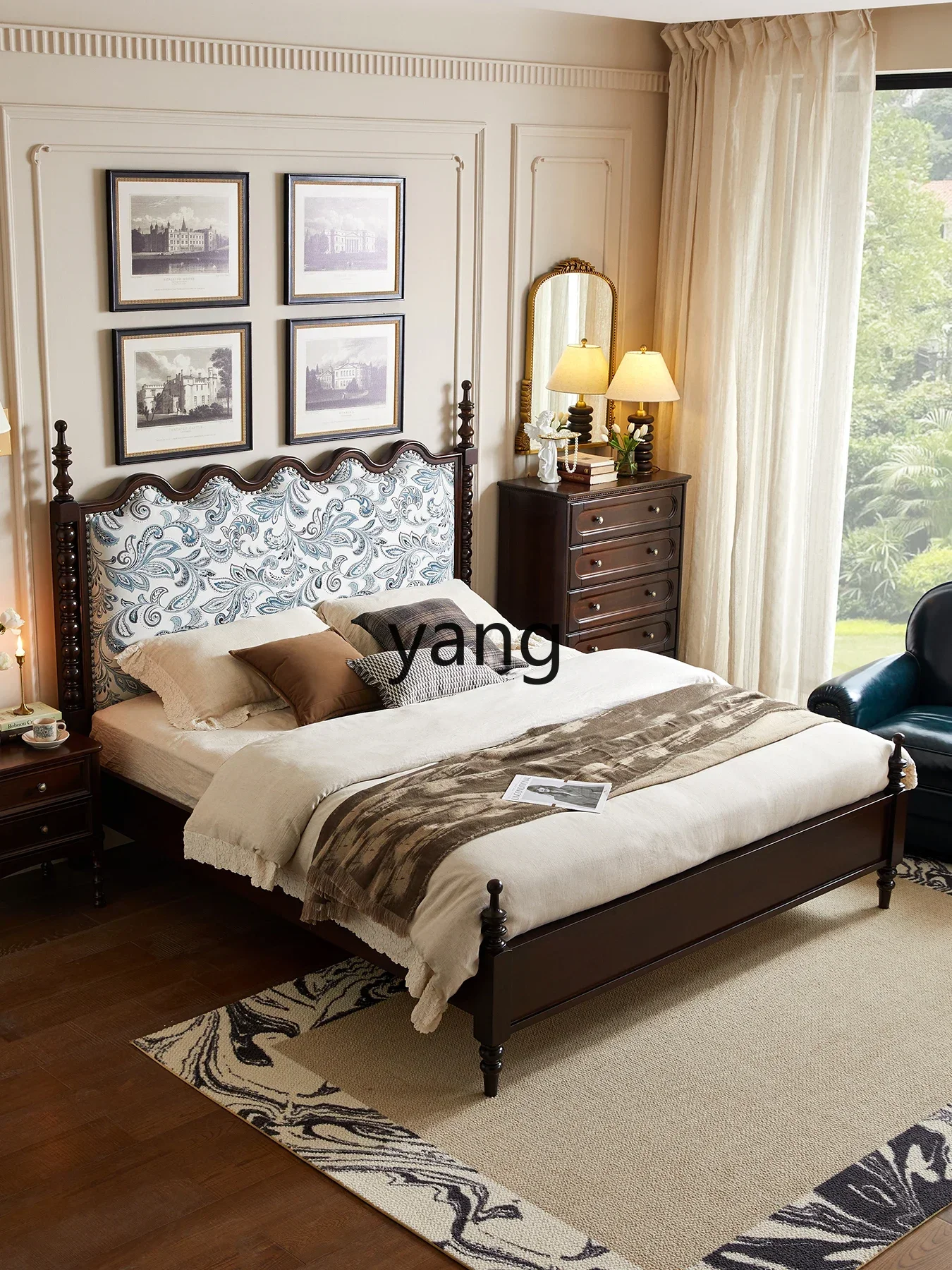 CX retro solid wood double bed simple modern soft bag medieval