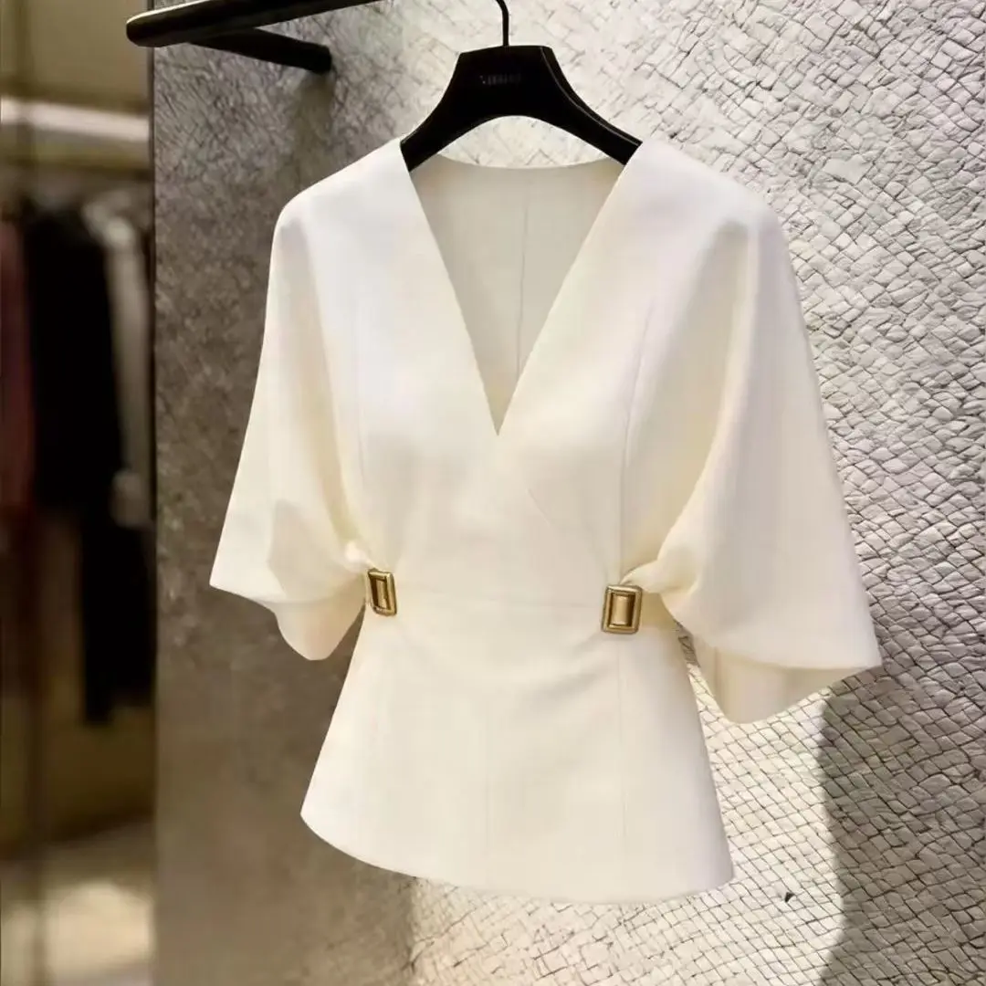 

White V-neck Waist-cinching Women's Shirt Spring Summer Fashion Lightweight Luxury Batwing Sleeve Commute Versatile Top