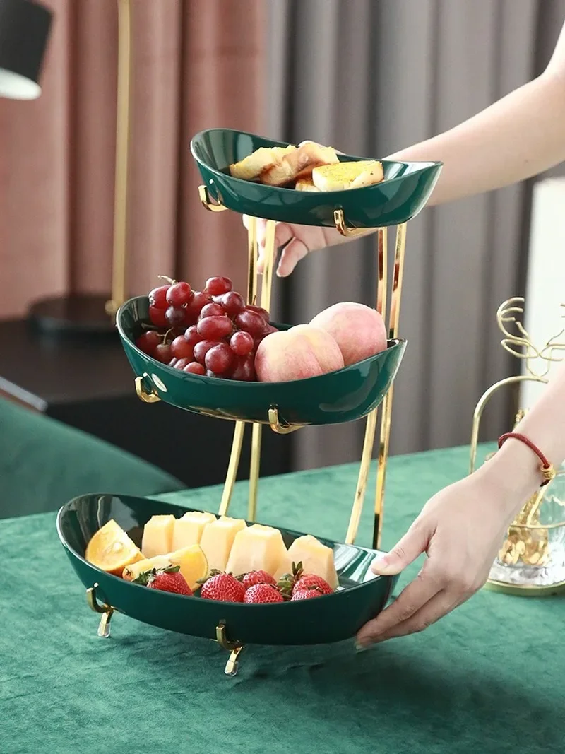 Ceramic Dark Green Fruit Bowl Creative Double-layer Metal Rack Snack Tray Living Room Dining Table Tabletop Display Tray Crafts