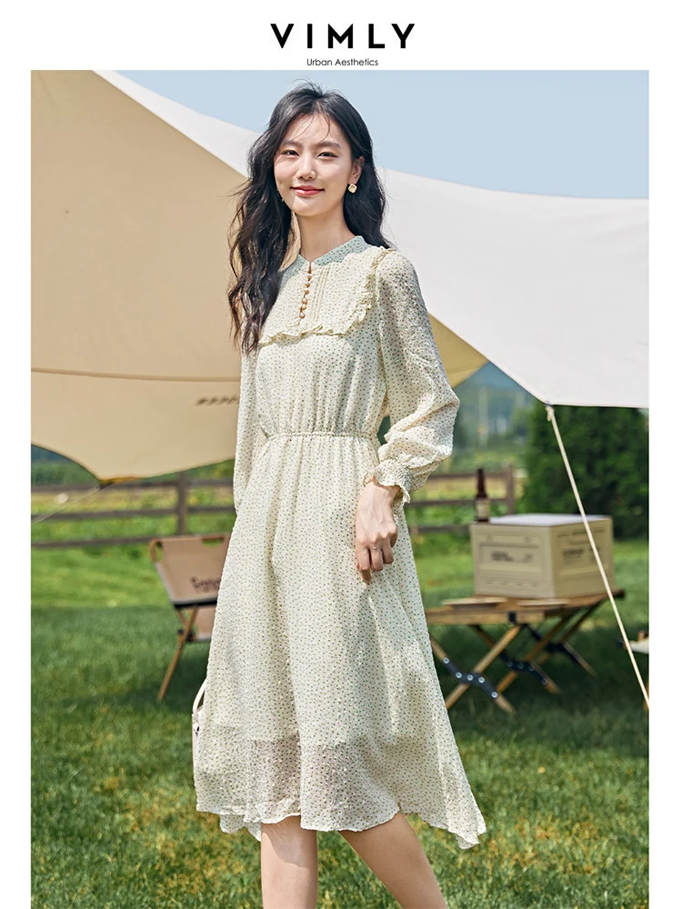 

VIMLY Women's Elegant Dress 2025 Spring Fall Ladies Long Sleeve Long Sleeve A-line Flared Dress Woman Autumn Clothing V8281