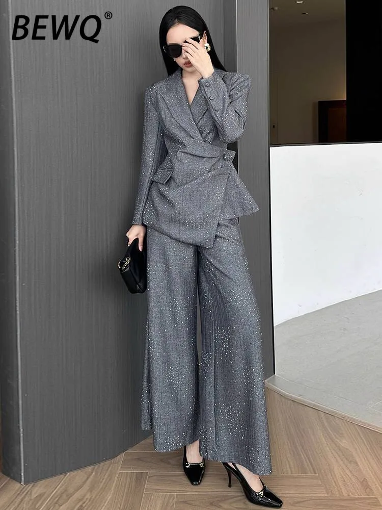 

BEWQ Fashion Women's 2 Pcs Set Notched Collar Irregular Design Coat Solid Color Waist Loose Pants Elegant Suit 2025 Autumn New