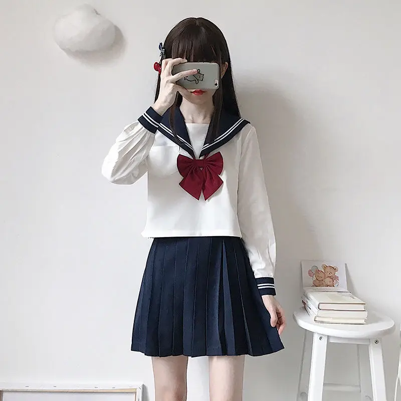 Japanese Style S-2xl Student Girls School Uniforms Girls Navy Costume Women Sexy Navy JK Suit Sailor Blouse Pleated Skirt