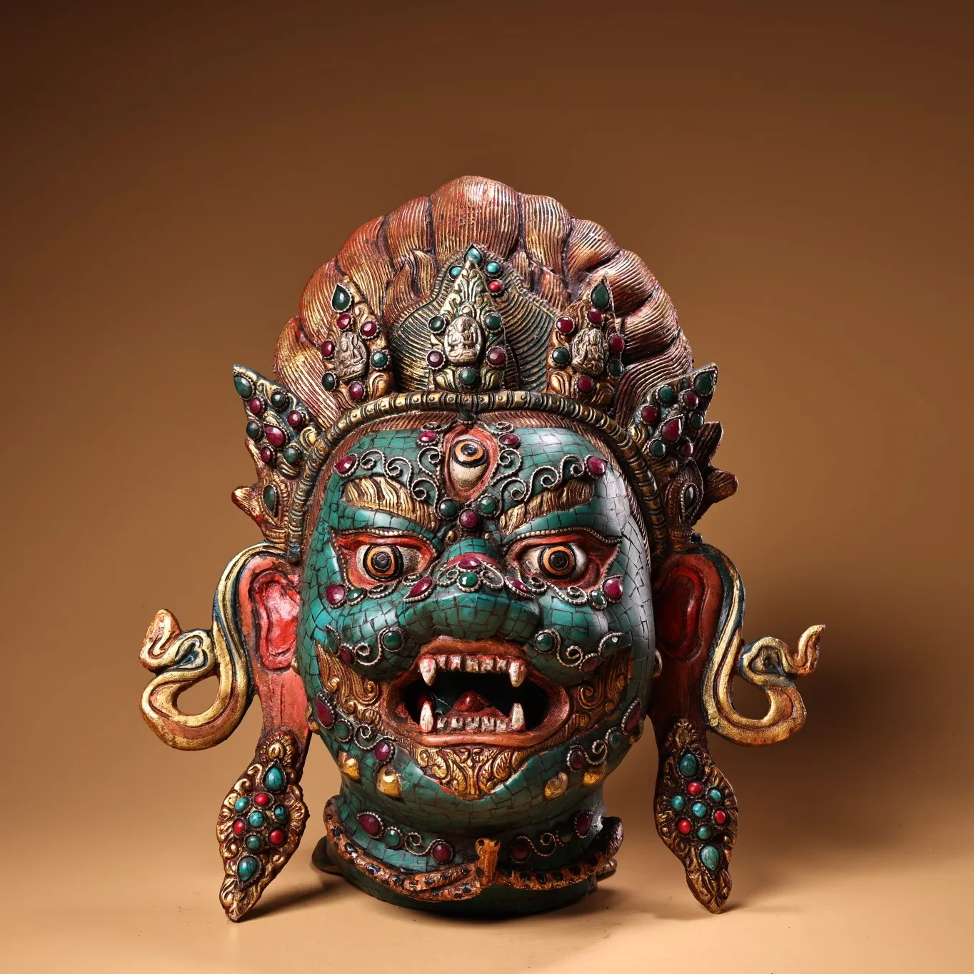 

13"Tibetan Temple Collection Old Bronze Painted Outline in gold Mosaic Gem Turquoise Mahakala Buddha Head Mask Worship Hall