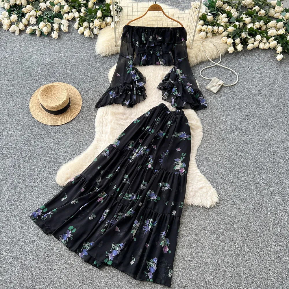 Damen Zweiteiler Set mit Schulterfreiem Oberteil, Langen Ärmeln und Langem Rock, A-Linie, Hohe Taille, Y2k Streetwear, Eleganter Blumendruck