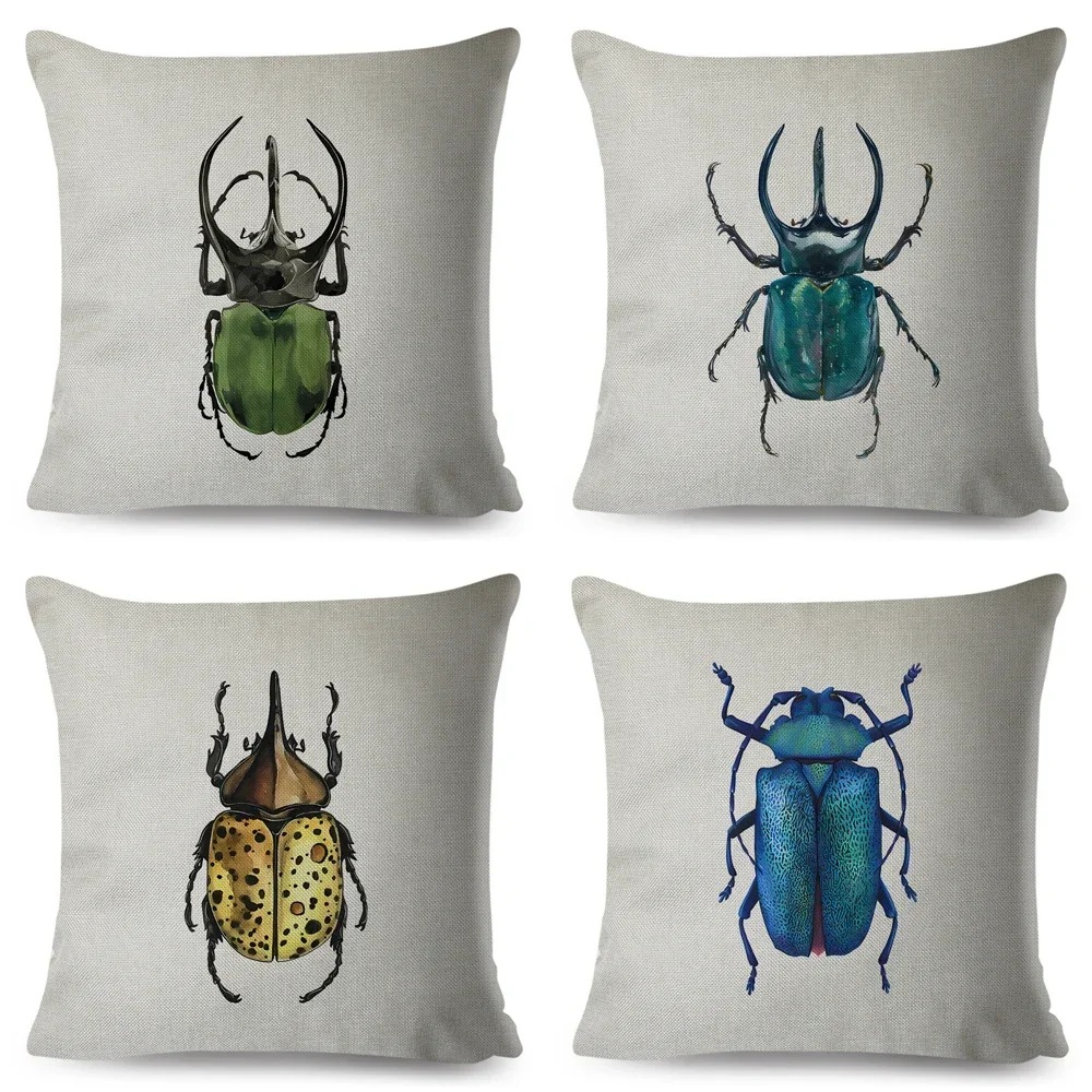 Insect Beetle Collection  Pillow Case Both Sided Decor Cartoon Animal Print Cushion Cover Retro Pillowcase for Sofa Home Car