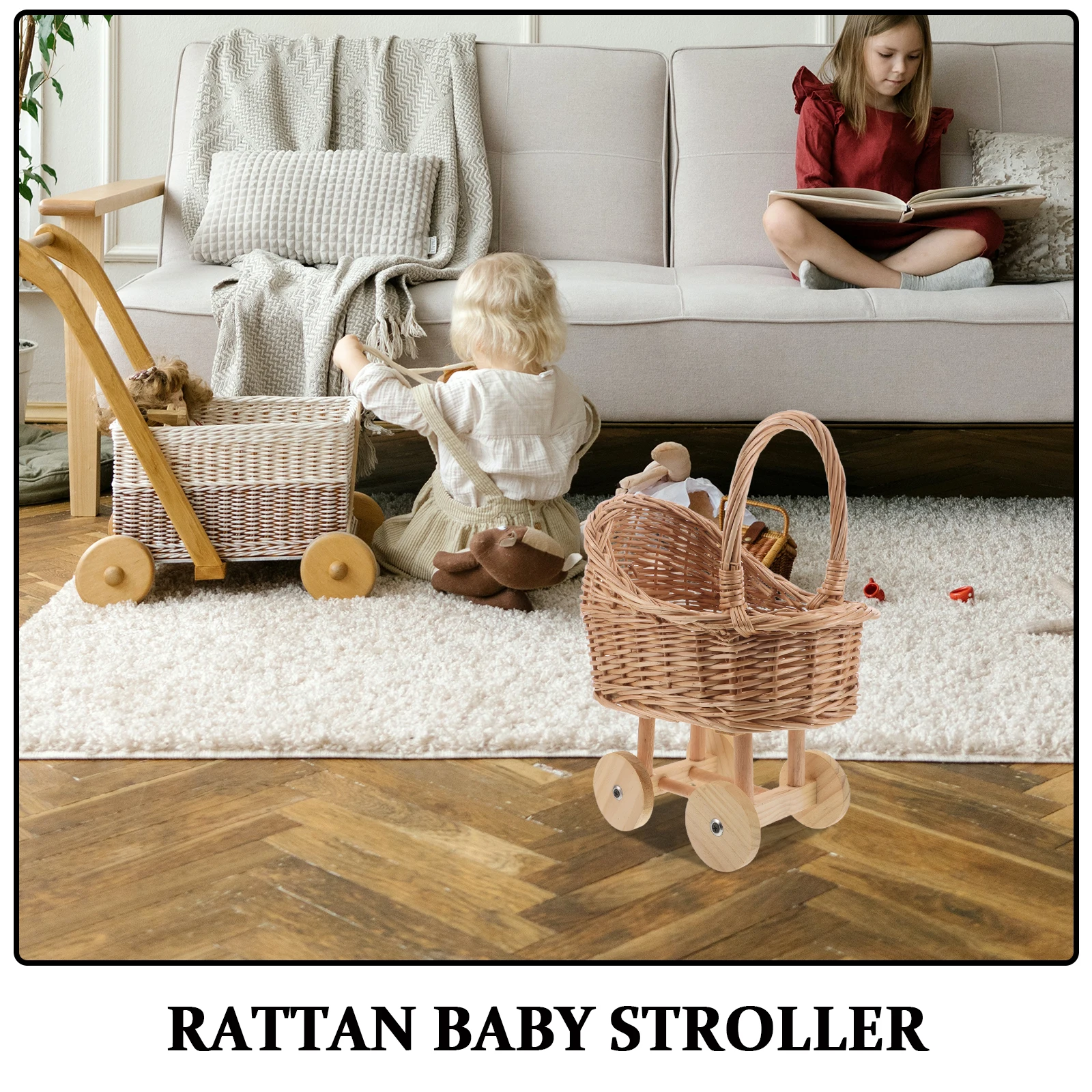 Mini Vintage Wicker Baby Carriage Stroller Handwoven Rattan Flower Basket For Baby Shower Wedding Decor Playtime