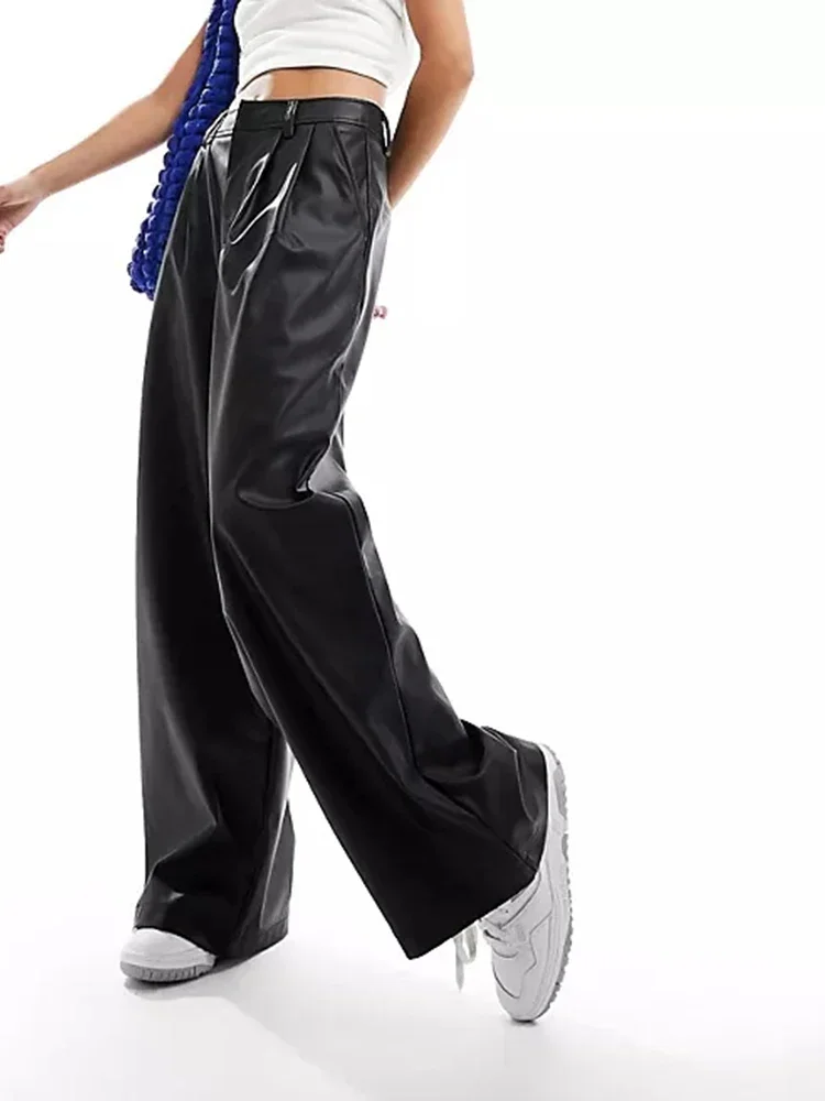 Women Casual Matte Faux Leather Pants Loose Floor Length Wide Leg Pants for Ladies PU Trousers with Pocket Support Custom
