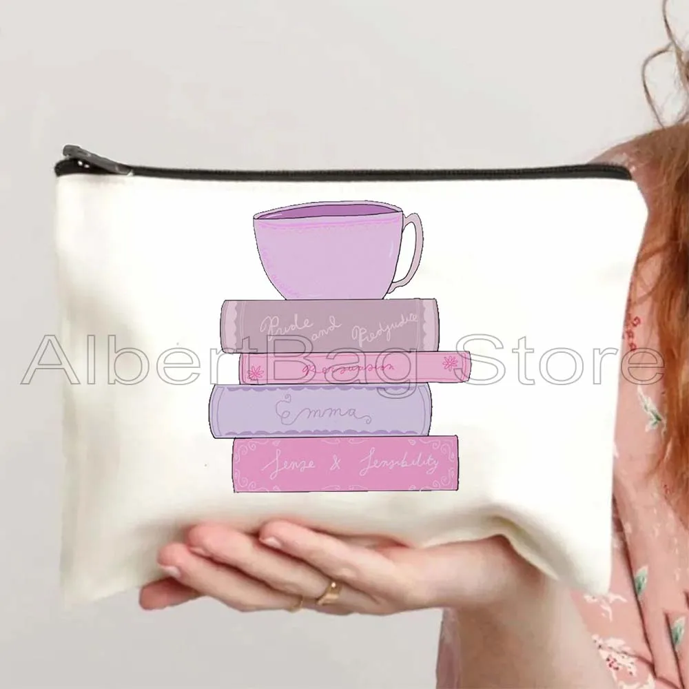 Cute Jane Austen Floral Book Stack Jane Austen's Novels Library Quotes Reading Gift Cosmetic Makeup Toilet Bag Pencil Case Pouch