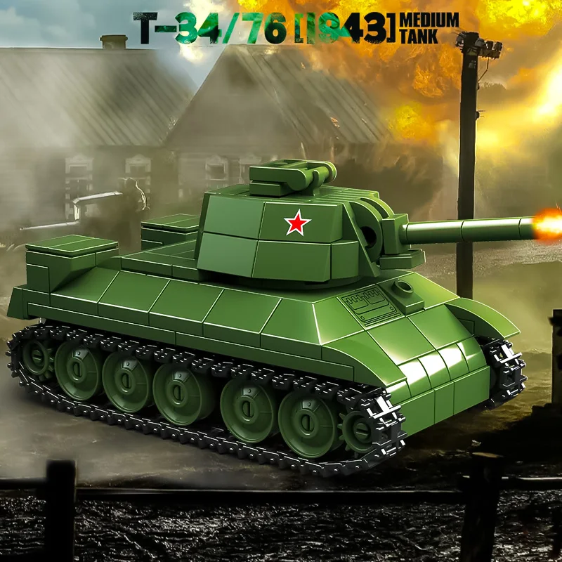 T-34/76 ถังขนาดเล็กอนุภาคประกอบบล็อกอาคาร Sherman ติดตามรถหุ้มเกราะเด็กปริศนาของเล่น