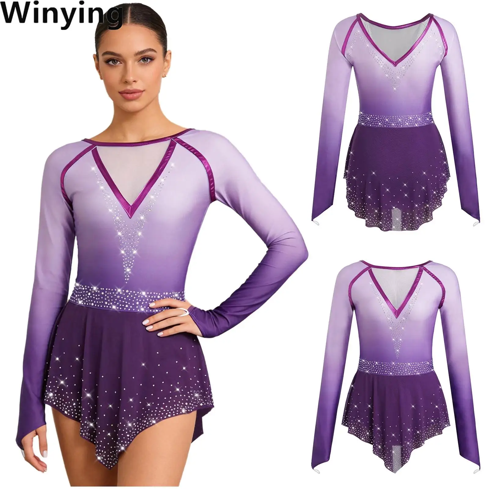 

Women Bodysuit Lyrical Figure Skating Dress Rhinestones Long Sleeve Sheer Mesh Skirted Gradient Leotard Dress for Ballet Modern