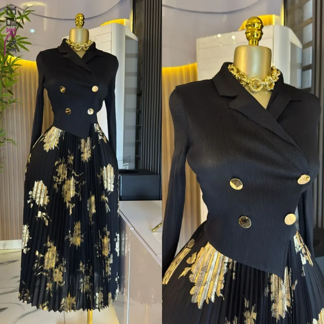 EGRM robe d'été plissée femme 2025 col de costume Chic et élégant pull chaud or imprimé robes de bal en liquidation vente 3R7152