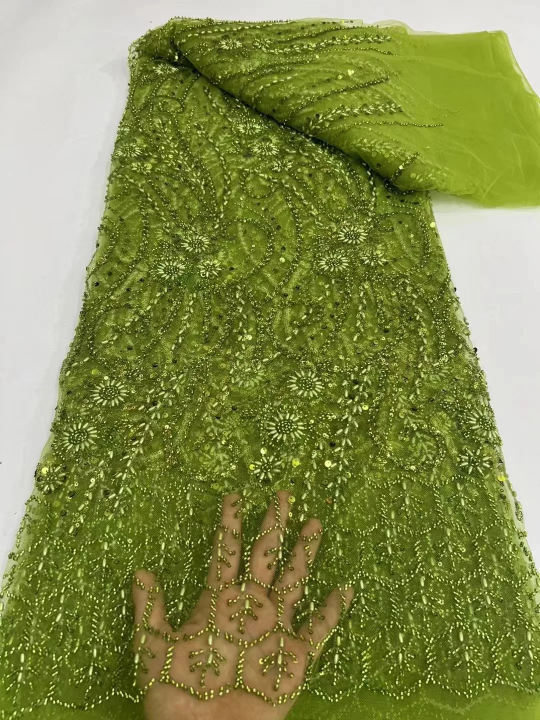 2024 Fashion Green African Luxury  Beaded Tulle Lace Fabric French Sequins Embroidery Fabric For Women Christmas Party Dresses