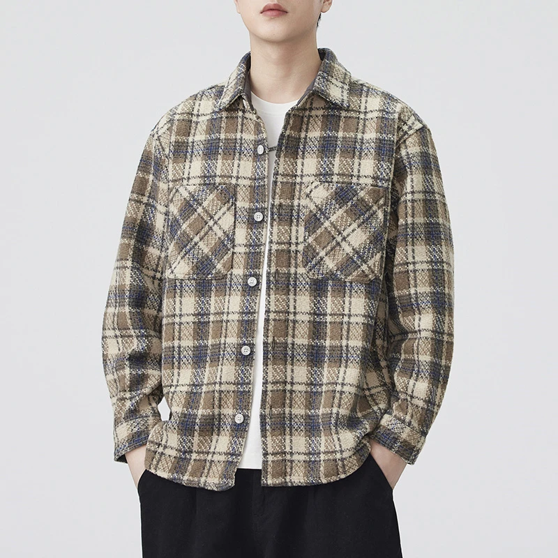 

Autumn Thicken Shirt Men Streetwear Fashion Loose Casual Long Sleeve Plaid Cargo Shirts Jacket Cityboy Cardigan Coat Blouses