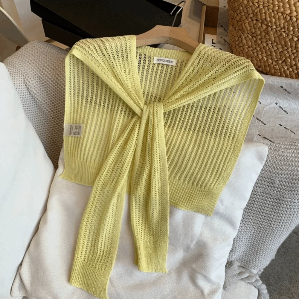Exquisite Summer Knitted Shawl Solid Color Casual Thin Knotted Cape Lace Hollow Versatile Neck Guard Scarf for Women