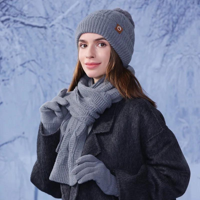 Gorro cálido de Cachemira para invierno, conjunto de bufanda para mujer, gorro tejido a la moda, protector de oídos a prueba de invierno, gorro de lana