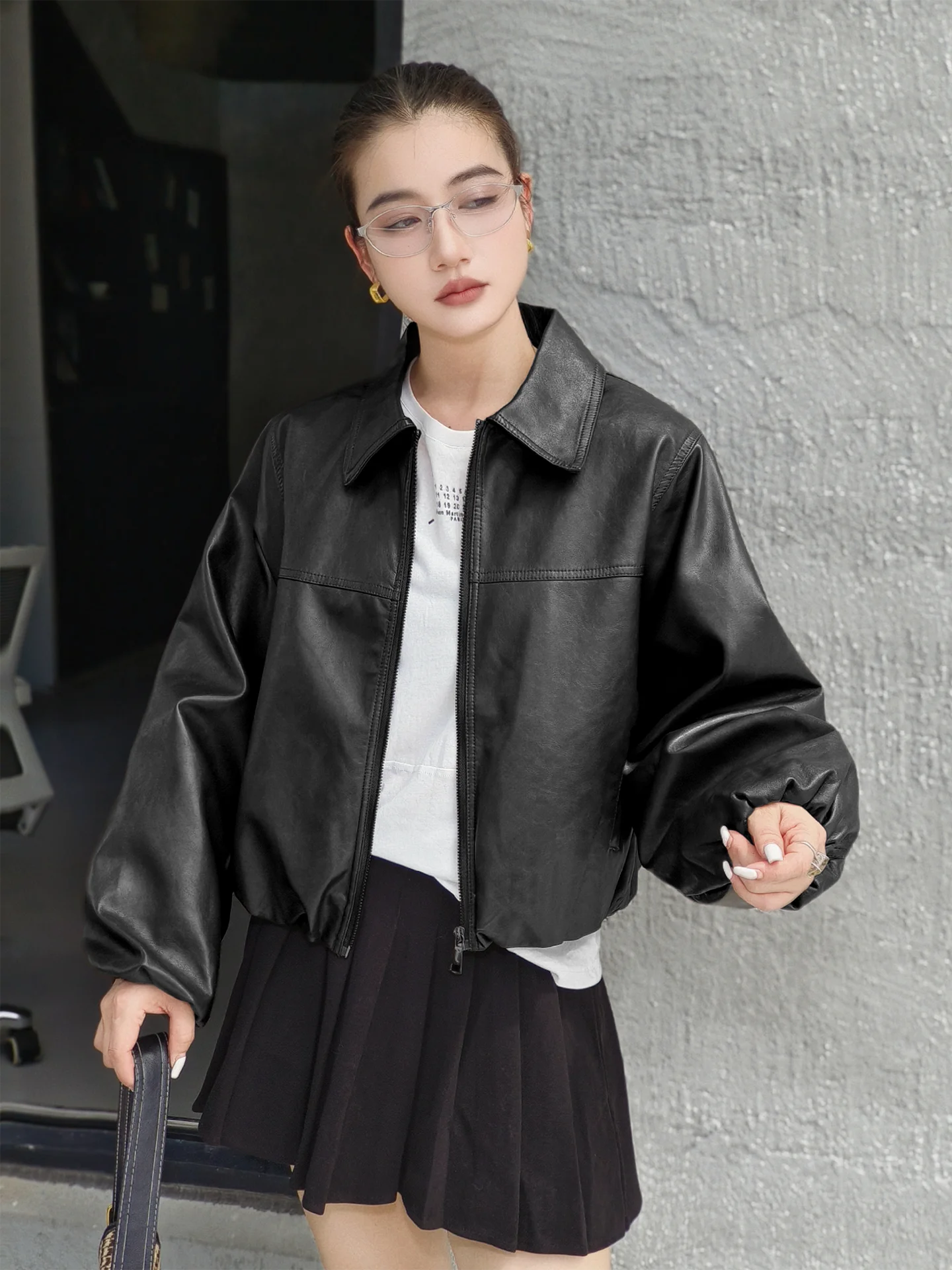 ort Bla Leder Jaet Damen Frühling Herbst Lose Flip Kragen Cool Street Sle Kleine Größe Einfache Jaet Top PU Leder