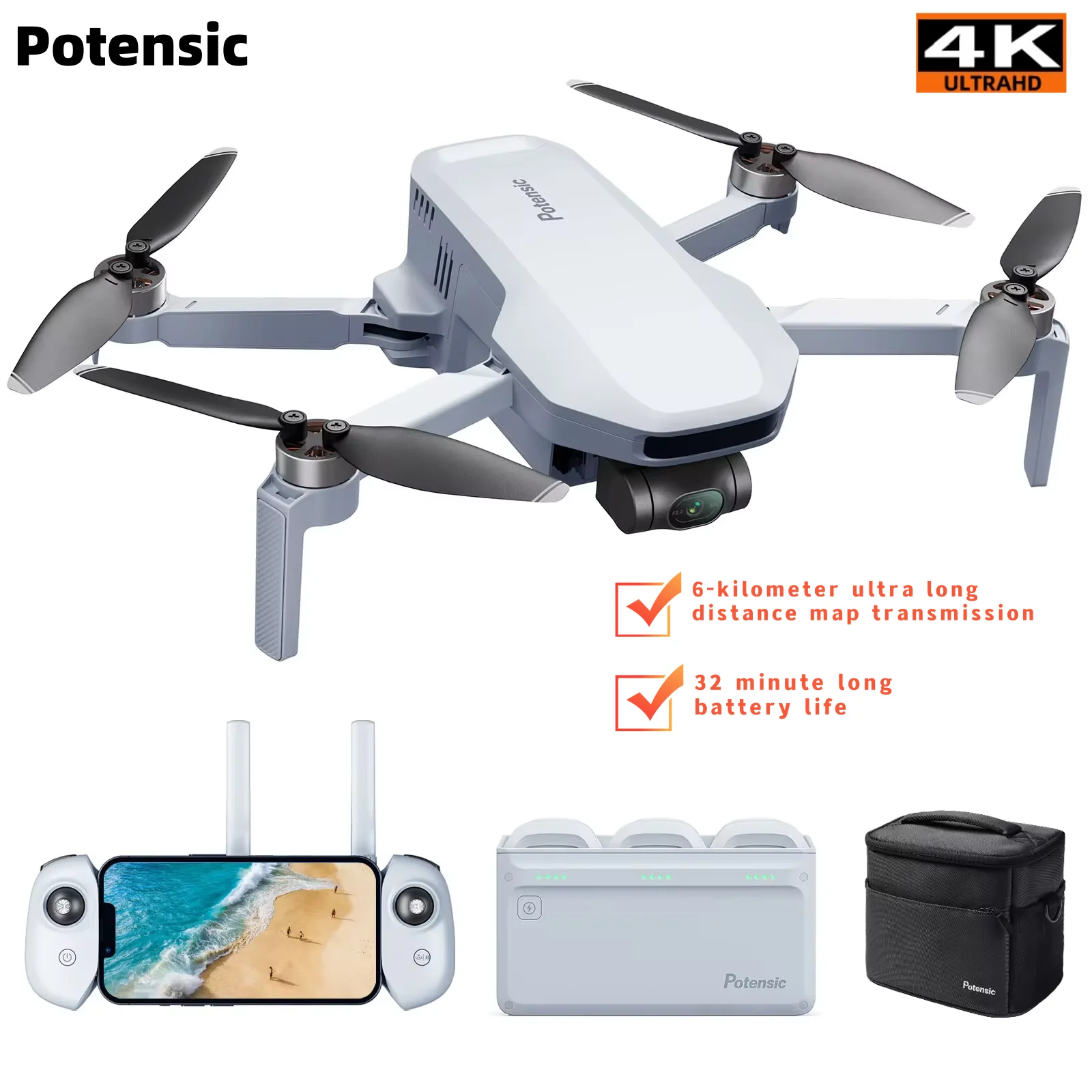 Potensic 4K 카메라 드론 전문 미니 드론, 3 축 짐벌 GPS, 6km 브러시리스 RC 장난감, 여행 선물 ATOM 쿼드콥터