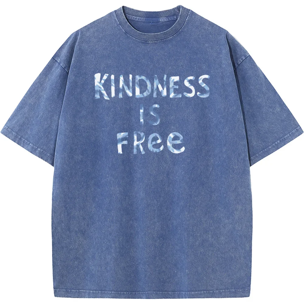 Slogan Kindness Is Free Men Washed T-Shirt 230g Cotton Funny Loose Bleached Tshirt Retro Fashion Hip Hop Bleach T shirt Tops Tee