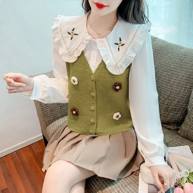 Women Vintage Fashion 3D Flower Cute Sweet Button Knitted Sweater Vest 2024 Spring Autumn V Neck Sleeveless Slim Chic Waistcoat