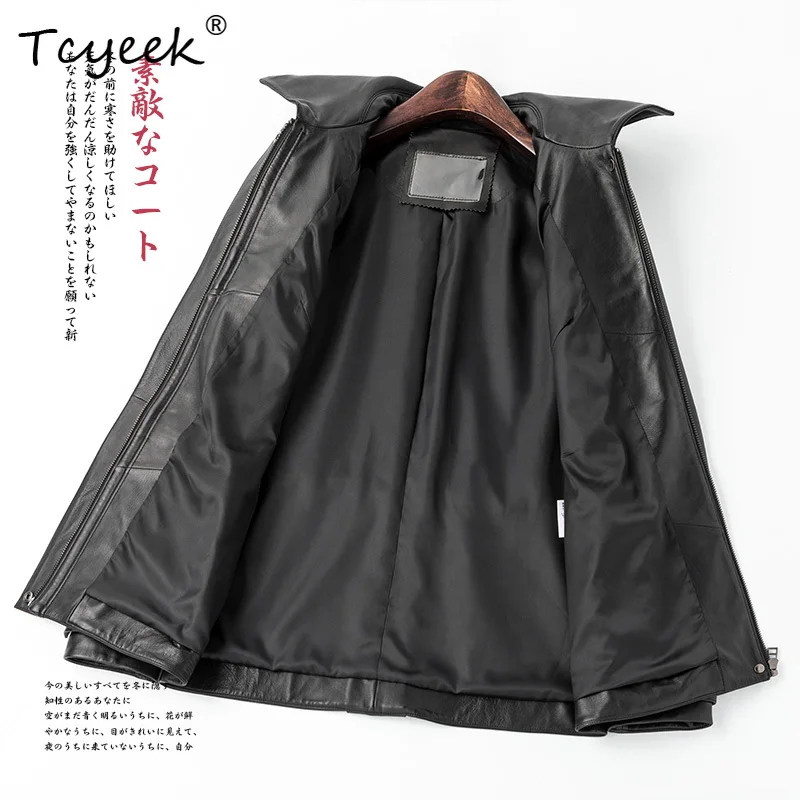 Tcyeek トップレイヤーシープスキン春秋スクエアネックブラックミディアム丈レディース本革ジャケット Женская Кожаная Куртка