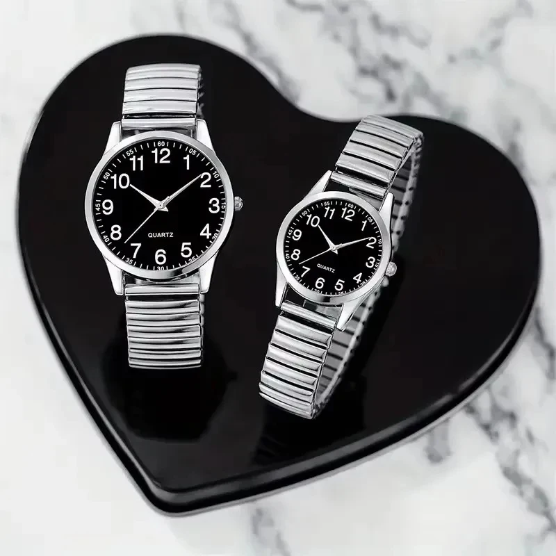 Fashion Couple Watches Simple Arabic Dial Quartz Watch Elastic Band Women Black Plate Wristwatches Suitable For Giving As A Gift