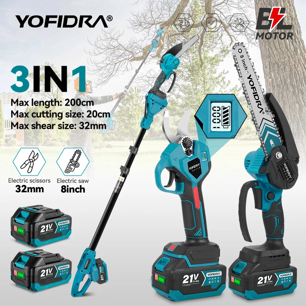 YOFIDRA 3IN1 tronçonneuse électrique sans brosse 8 pouces + ciseaux pôle télescopique outil d'élagage de jardin élevé pour Makita broche de batterie 18V
