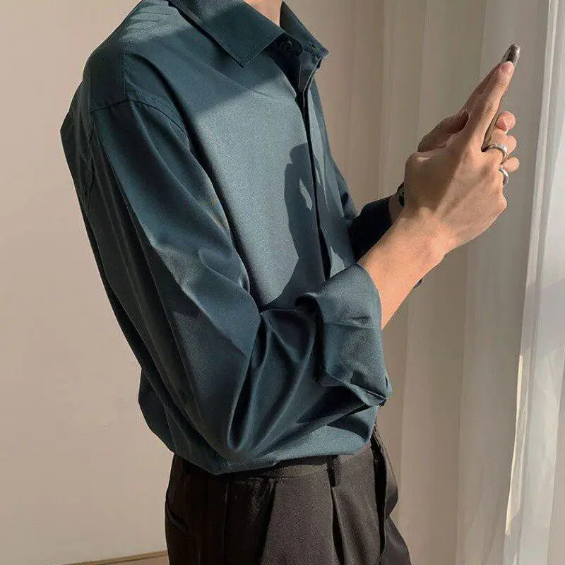 

Summer Men's Long Sleeve Ice Silk Shirt Loose Fit Youthful Style Durable Non-Ironing Fashionable Versatile Casual Dress Shirt