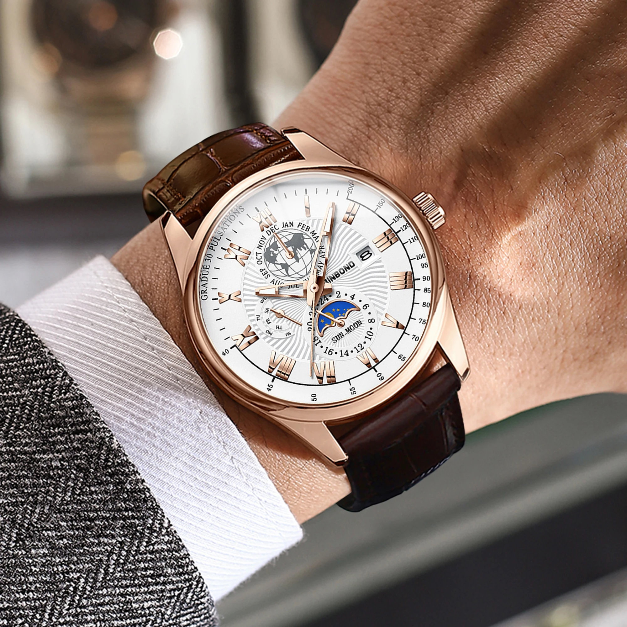 BINBOND Fashion Leather Quartz Man Watch Original Waterproof Luminous Men's Watthes Vintage Reloj Hombre For Male and Female