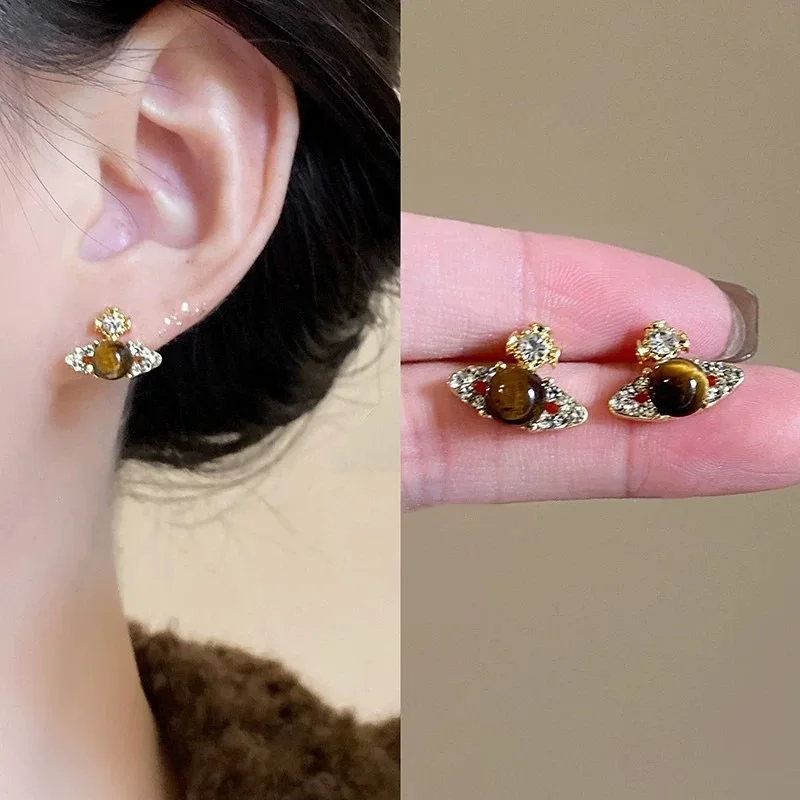 Fashion Tiger Eye Stone Saturn Stud Earrings For Women Trendy Classic Rhinestone Opal Star Earrings Party Lady Jewelry Gifts