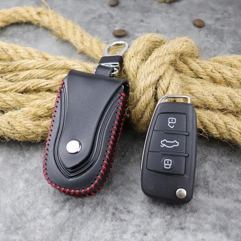 

Leather cowhide hand-stitched creative car key bag Transparent mirror buckle waist hanging car smart remote control key bag