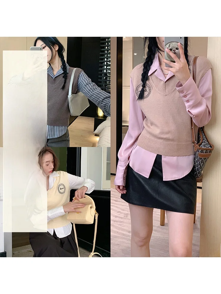 

Однотонный вязаный комплект-двойка без рукавов для женщин: модный жилет и топ от бренда Yang Bubble, китайское производство