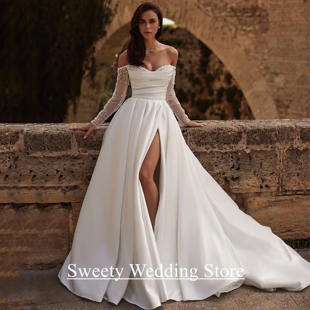 فستان زفاف أنيق مخصص الحبيب كم كامل الديكور اللؤلؤ عالية الشق قطار الاجتياح امرأة العروس ثوب الزفاف