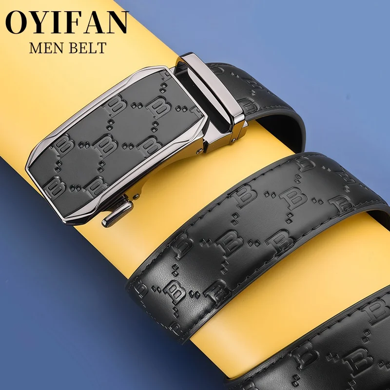 OYIFAN Mens Business Belt High Quality Genuine Leather Belt Men Fashion Printed Design Belts Adjustable Automatic Belt for Men