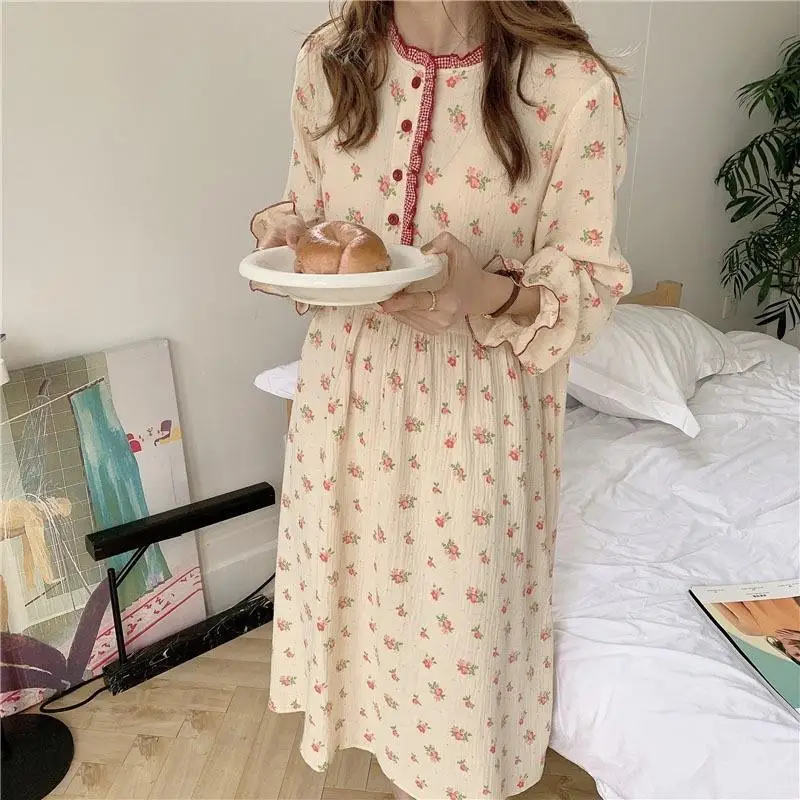 Cotton Womens Nightgown Night Dress Woman Nightie Korean Home Dresses Long Sleeve Sleeping Clothes Sweetheart