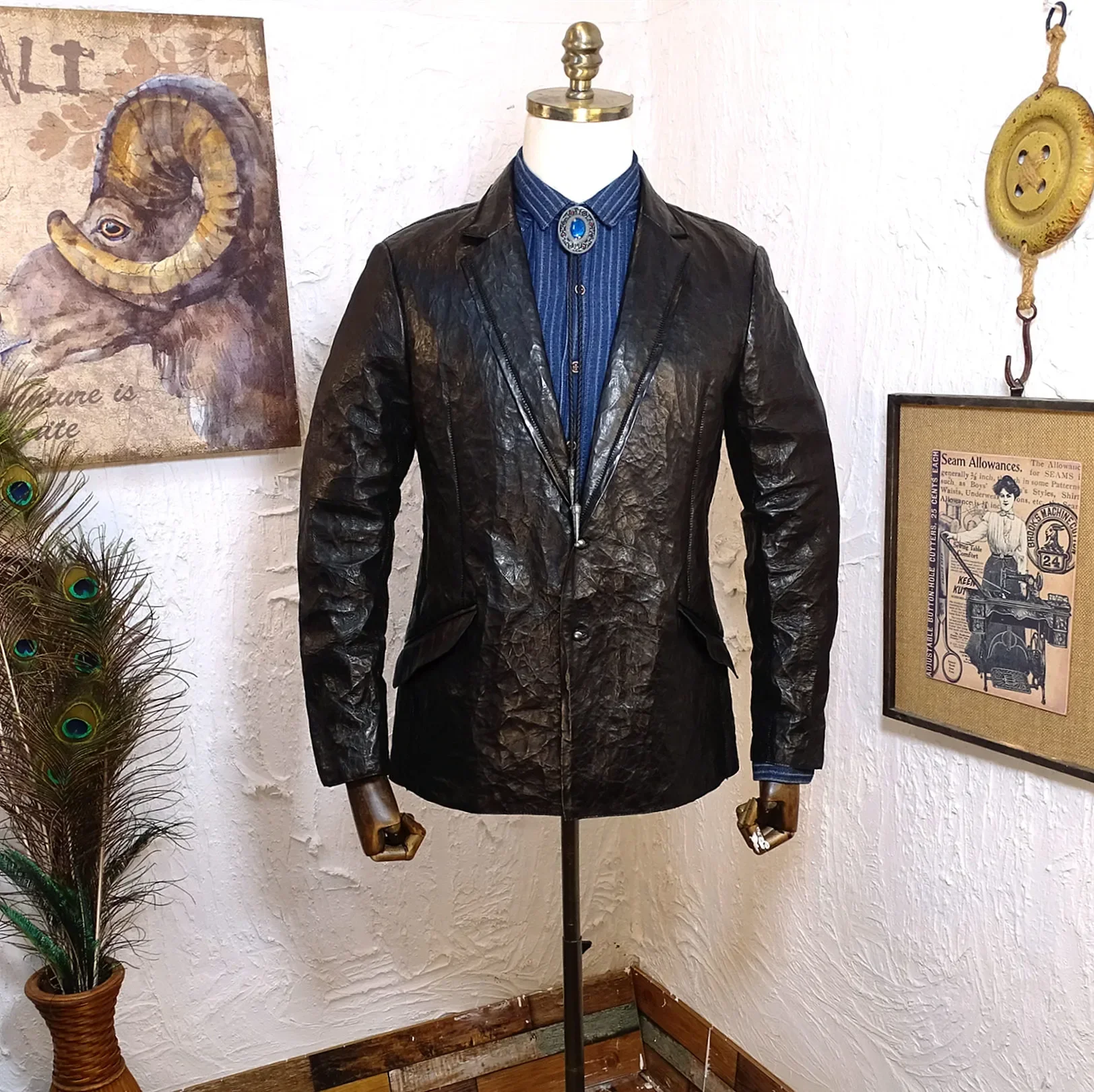 Men's Leather Blazer Cowhide Short Slim Fit Metal Spine Motorcycle Gothic Style Handmade Vintage Jacket