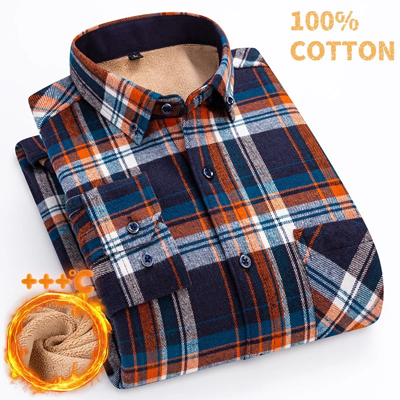 

Winter Men Shirt Plaid Flannel Thick Warm Long Sleeve Fleece Autumn Dress Flannel Formal Shirt Fashion Casual Slim Fit Pocket